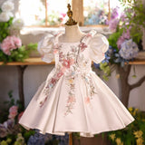 Luxurious 3D Floral Embroidery Flower Girl Dress with Puff Sleeves — Premium Tulle Princess Ball Gown for Weddings & Birthdays