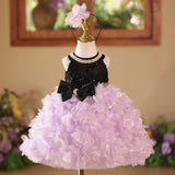 Black Top Lavender 3D Petal Tutu Flower Girl Dress | Pearl Halter Kids Pageant Gown with Big Bow for Birthday Wedding Party