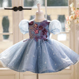 Baby Blue Sequin Birthday Dress - Floral Tutu Princess Gown for Infant & Toddler - Luxury Puff Sleeve Party Wear