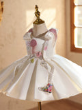 Ivory Satin Flower Girl Dress with Bows Luxury Girl Birthday Princess Gown for Piano Performance