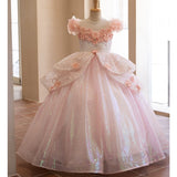 Blush Pink 3D Floral Sequin Ball Gown Flower Girl Dress | Princess Toddler Pageant Gown