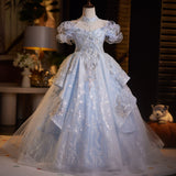 Luxury Light Blue Flower Girl Dress with Crystals | Princess Pageant Gown