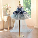 Floral Bow Tulle Flower Girl Dress With Detachable Train | Kids Pageant Gown