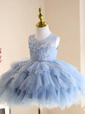 Blue Lace Ruffled Tulle Flower Girl Dress | Sleeveless Kids Birthday Tutu Gown for Piano Performance & Wedding