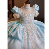 Shimmering Light Blue Flower Girl Dress - Layered Tulle Princess Pageant Gown
