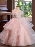 Blush Pink Off Shoulder Glitter Sequin Layered Tulle Flower Girl Dress Pageant Gown