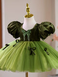 Green Velvet Puff Sleeve Tutu Birthday Dress | Butterfly Rhinestone Toddler Flower Girl Gown