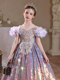 Iridescent Purple Sequin Flower Girl Dress - Baby Kids Birthday Party Pageant Ball Gown