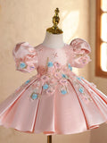 Pink 3D Flower Girl Dress with Puff Sleeves | Luxury Toddler Birthday Gown