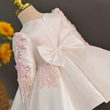 White Long Sleeve Satin Princess Dress Toddler Birthday Ball Gown Sequin Flower Girl Wedding Dress