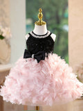 Black and Pink Flower Girl Dress with Pearl Halter Neck & 3D Petal Skirt