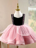Black Velvet Pink Rhinestone Tulle Flower Girl Dress | Sleeveless Princess Birthday Tutu Gown