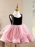 Black Velvet Pink Rhinestone Tulle Flower Girl Dress | Sleeveless Princess Birthday Tutu Gown