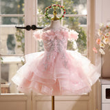 Luxury Pink Flower Girl Dress for Wedding - 3D Floral Ruffled Princess Dress for Birthday