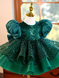 Emerald Green Sequin Flower Girl Dress with Puff Sleeves & Headband
