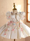 Ivory Satin Flower Girl Dress with Puff Sleeves 3D Floral Birthday Princess Gown