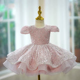 Sparkly Pink FLlower Girl Dress Short Puff Sleeve Ruffle Tulle Toddler Gown for Wedding Baptism Birthday