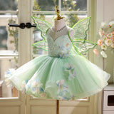 Baby Green Fairy Princess Dress with Butterfly Wings - 3D Floral Tulle Tutu Gown for Toddler Birthday & Forest Party Costume