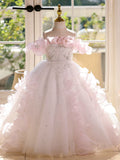 Sparkly Sakura Flower Girl Dress Pink Princess Ball Gown with Heavy Beading for Girls Party