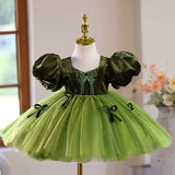 Green Velvet Puff Sleeve Tutu Birthday Dress | Butterfly Rhinestone Toddler Flower Girl Gown