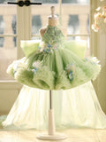 End Mint Green Halter Sequin Feather Flower Girl Dress with Detachable Train