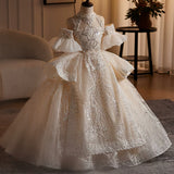 Champagne Girls Pageant Dress | Luxury Silver Embroidered Gown