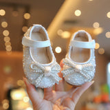 Baby Girl Shoes Pearl Rhinestone Princess Dress Shoes Soft Sole Non-Slip Infant First Walkers Mary Jane Flats for Wedding Party Birthday