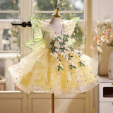 Baby Yellow Fairy Princess Dress with Wings - 3D Floral Vine Tutu Gown for Toddler Birthday & Enchanted Forest Party