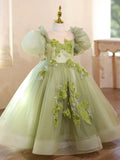 Sage Green Puff Sleeve Tulle Flower Girl Dress 3D Leaf Embroidery Kids Pageant Gown