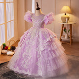 Lilac Princess Pageant Flower Girl Dress | Girls Beaded Embroidery Pageant Gown