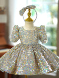 Iridescent Sequin Flower Girl Dress Puff Sleeve Princess Birthday Gown for Piano Performance