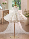Sleeveless Textured Fringe White Flower Girl Gown with Removable Tulle Train for Wedding Baptism Pageant