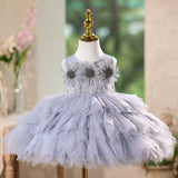 Gray Flower Girl Dress with 3D Floral & Feather Details Birthday Party Gown