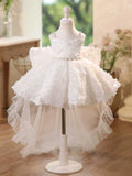 White 3D Petal High Low Train Flower Girl Dress | Rhinestone Waist Spaghetti Strap Princess Gown