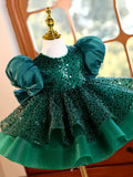 Emerald Green Sequin Flower Girl Dress with Puff Sleeves & Headband
