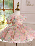 Pink Flower Girl Dress with Veil Multi-Color 3D Floral Kids Birthday Princess Gown