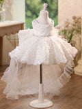 White 3D Petal High Low Train Flower Girl Dress | Rhinestone Waist Spaghetti Strap Princess Gown