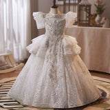 White Floral Flower Girl Dress | Vintage Embroidered Kids Birthday Dress Runway Gown