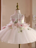 Elegant 3D Floral Applique Flower Girl Dress with Big Bow Headband — Premium Tulle Toddler Princess Ball Gown for 1st Birthday & Weddings
