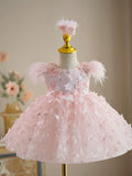 Blush Pink Feather Shoulder 3D Floral Butterfly Tulle Flower Girl Dress With Matching Headpiece