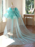 Turquoise Glitter Butterfly Tulle Flower Girl Dress With Removable Long Train for Wedding Birthday