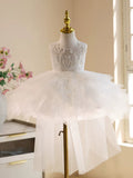 Flower Girl Dress White Lace Beaded Tutu First Communion Dress with Bow Veil for Baby