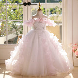 Sparkly Sakura Flower Girl Dress Pink Princess Ball Gown with Heavy Beading for Girls Party