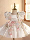 Ivory Satin Flower Girl Dress with Puff Sleeves 3D Floral Birthday Princess Gown