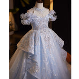 Luxury Light Blue Flower Girl Dress with Crystals | Princess Pageant Gown