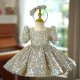 Iridescent Sequin Flower Girl Dress Puff Sleeve Princess Birthday Gown for Piano Performance