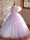 Lavender 3D Butterfly Puff Sleeve Princess Flower Girl Dress | Sparkle Tulle Pageant Gown
