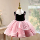 Black Velvet Pink Rhinestone Tulle Flower Girl Dress | Sleeveless Princess Birthday Tutu Gown