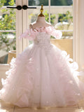 Sparkly Sakura Flower Girl Dress Pink Princess Ball Gown with Heavy Beading for Girls Party
