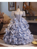 Dusty Blue Girls Pageant Dress | Luxury 3D Floral Recital Gown